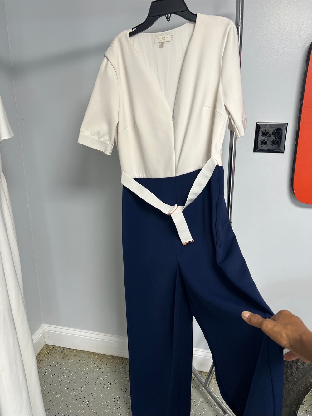 Ted Baker Cream and Navy Wrap-Style Jumpsuit with Belt small stop on shoulder